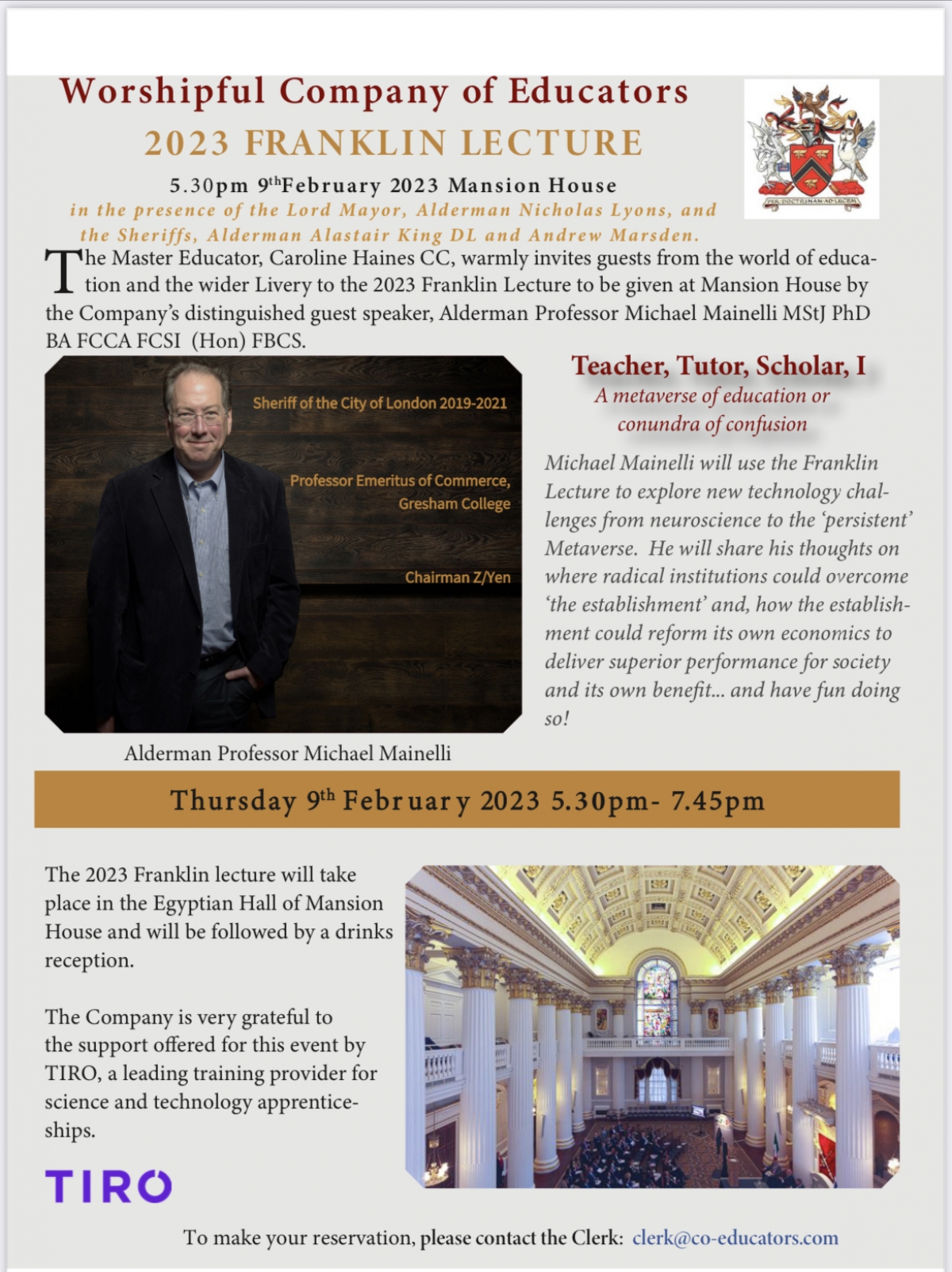Franklin Lecture Egyptian Hall, Mansion House